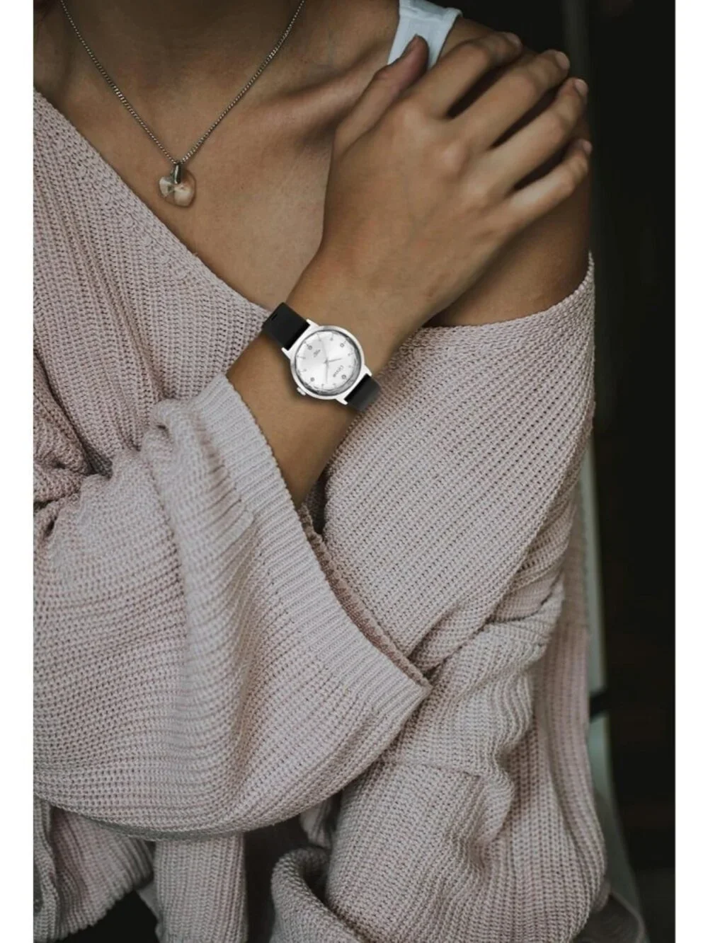 Women's Black Silver Analog Silicone Band Crystal Dial Waterproof Wrist Watch